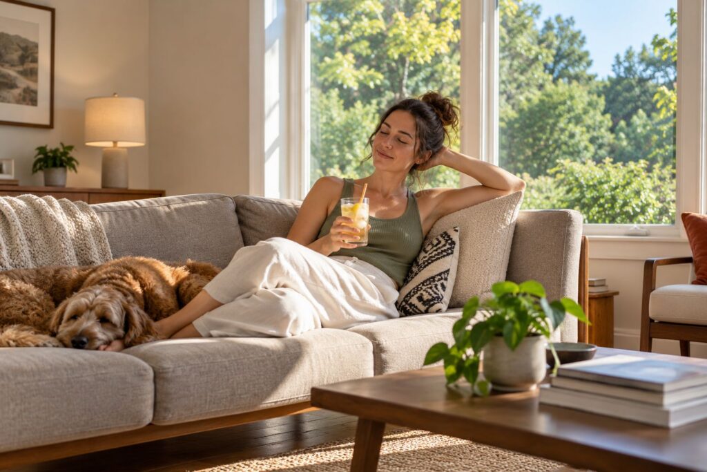 Woman relaxing on a sunlit living room couch with an iced drink beside a sleeping dog