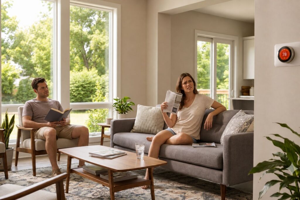 Woman fanning herself with paper in a hot living room beside a thermostat reading 78 degrees.