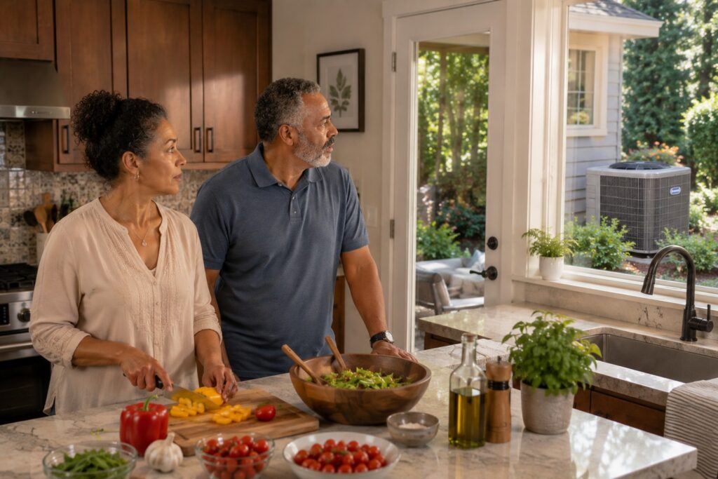 Couple preparing food in a kitchen while looking out the window at an outdoor AC unit